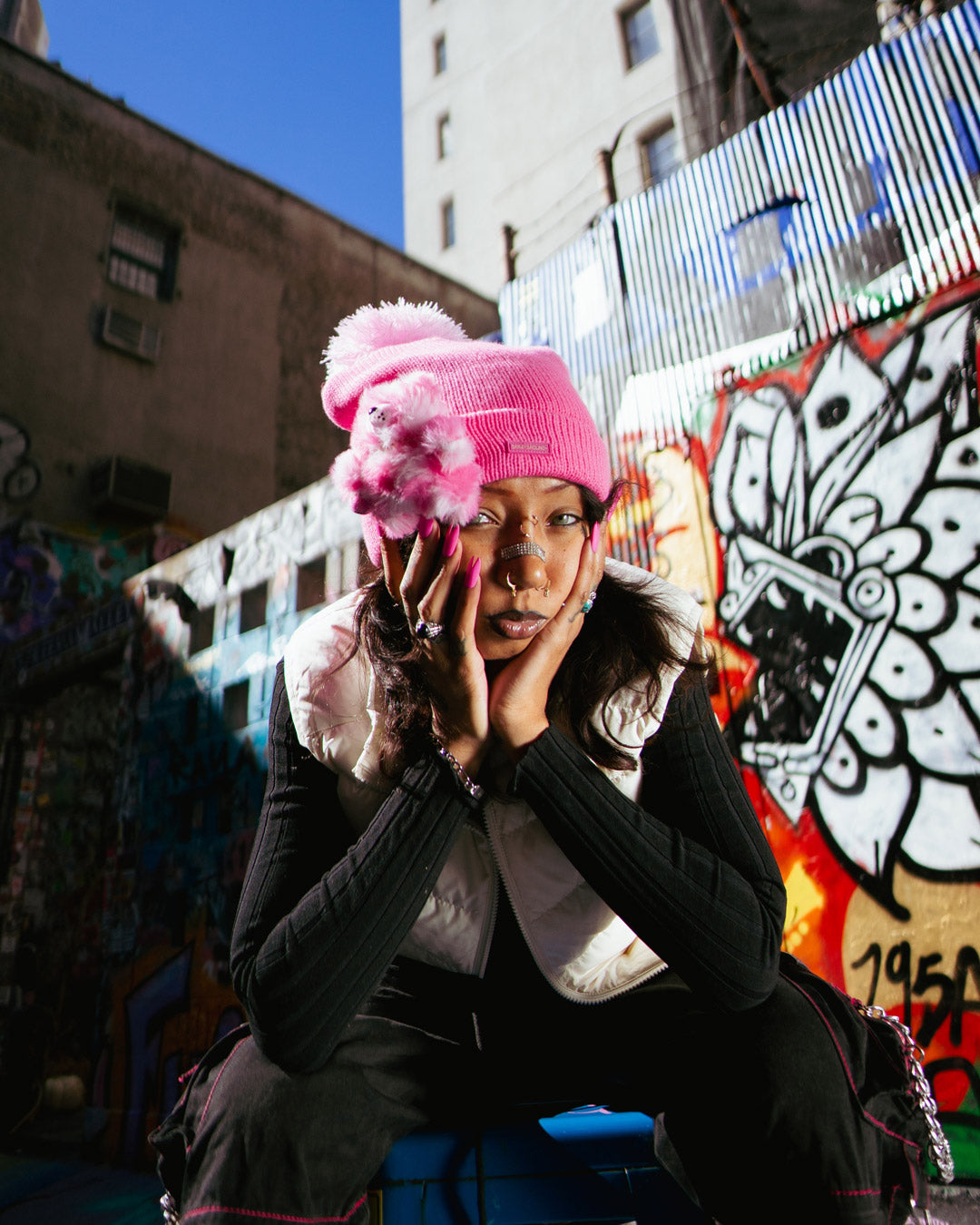 PINK LIL BEAR PUFF BEANIE